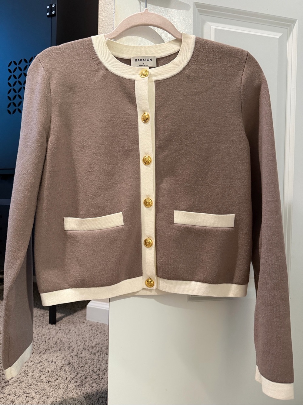 Babaton Taupe Jacket with Cream Trim and Gold Buttons